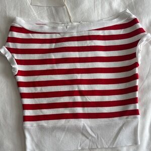 Zara Red and White Striped Short Sleeve Top